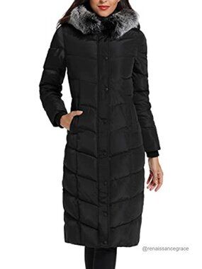 Molodo Women's Long Down Coat with Fur Hood Maxi Down Parka Puffer Jacket